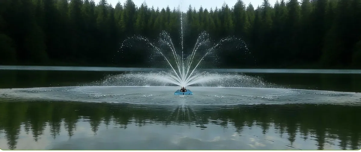 A fountain nozzle throwing a fan of thin jets on a forest lake