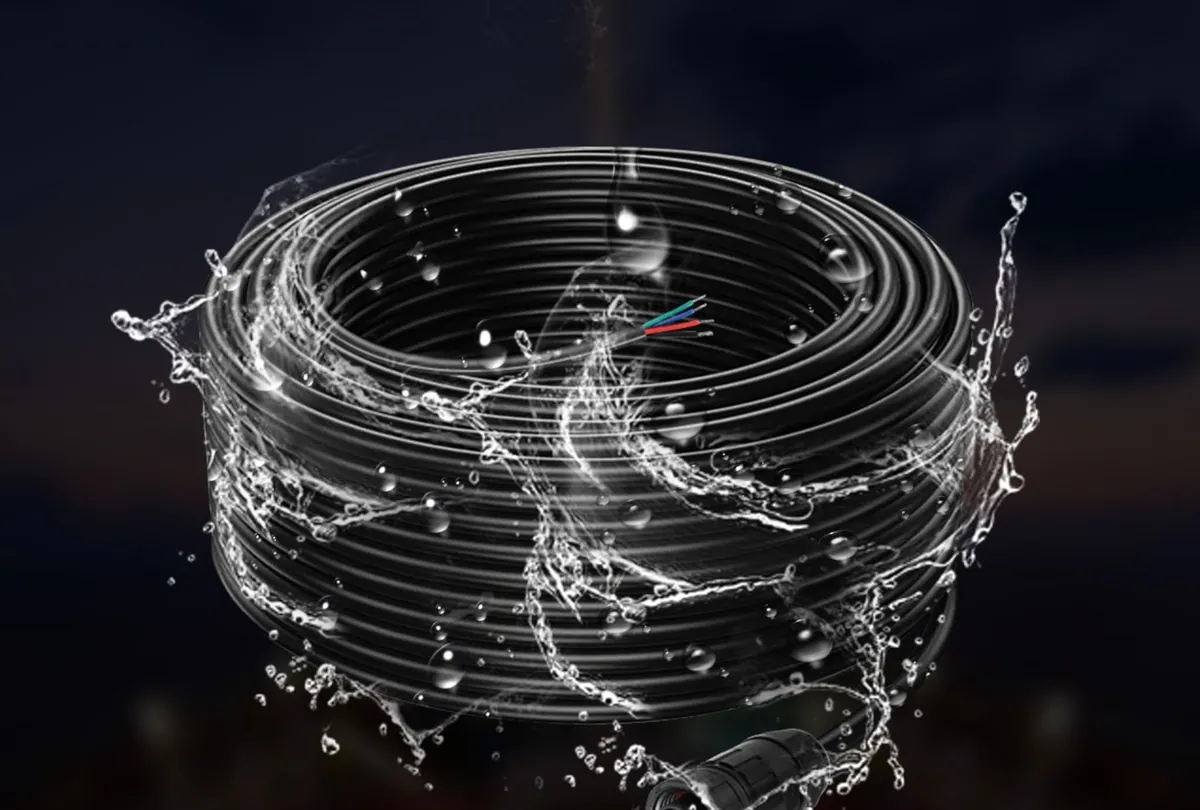 A coil of pool light wire in a splash of water